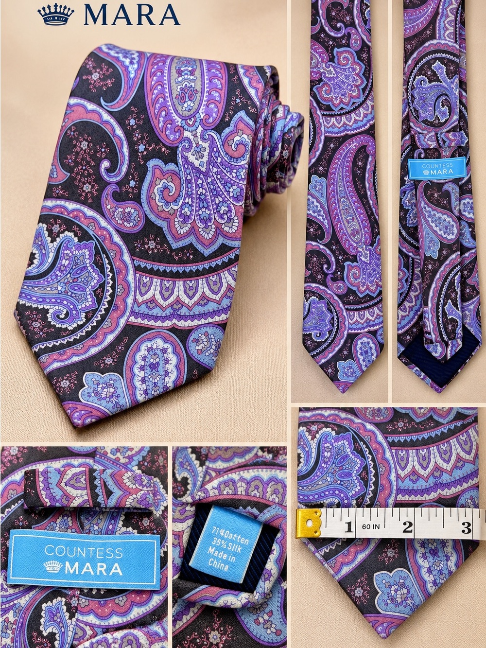 Countess Mara Paisley Silk Blend Necktie Purple Lavender Pink Black Floral